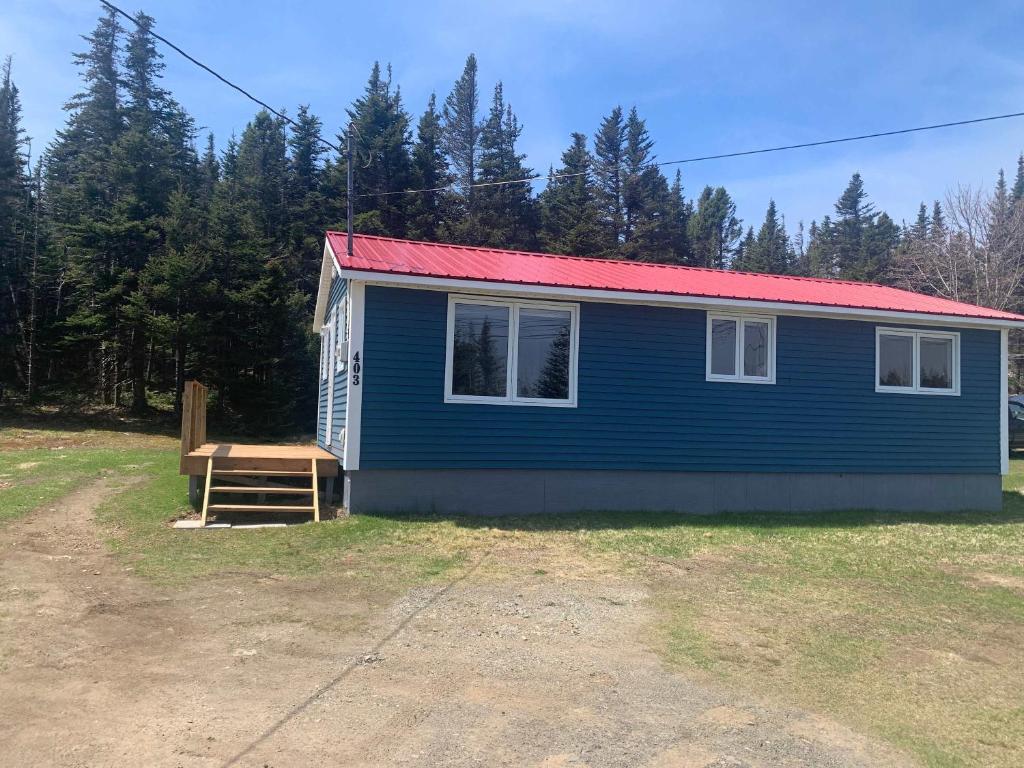 a blue house with a bench in front of it at Wild Cove Cabin in Twillingate