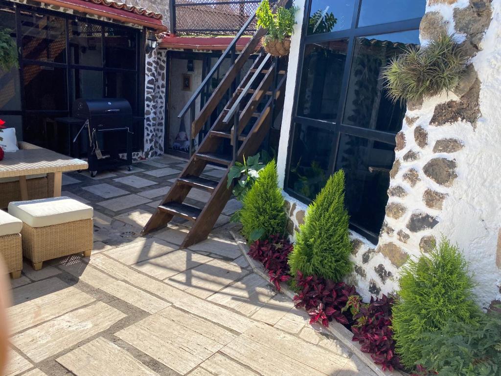 a staircase on the side of a building with plants at CASA MARA Casa Rural con terraza, barbacoa y vistas al Teide in Tanque