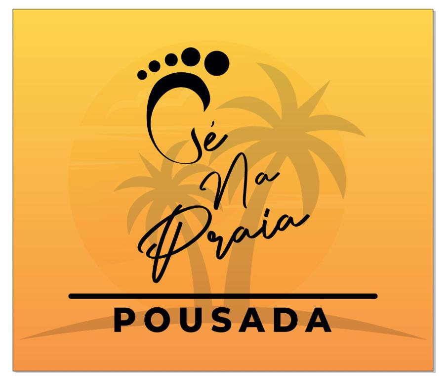 a yellow background with a palm tree and text see m puerto pousada at Pousada Pé na Praia in Rio das Ostras