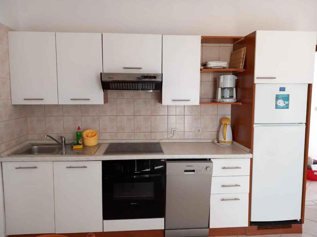 Biała kuchnia z białymi szafkami i zlewem w obiekcie Apartment Vir 10 w mieście Vir