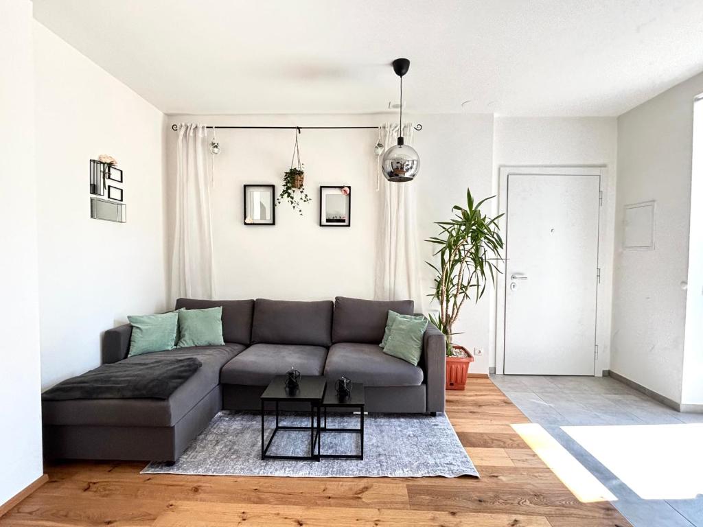 sala de estar con sofá gris y alfombra en Vienna Nest, central and quiet with balcony and garden, self check-in, en Viena