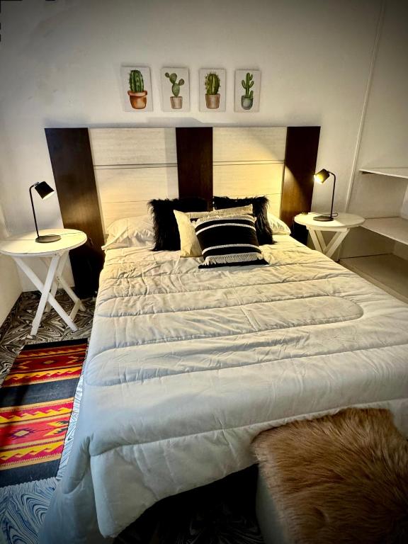 a large white bed in a bedroom with two tables at Casa Berutti in La Rioja