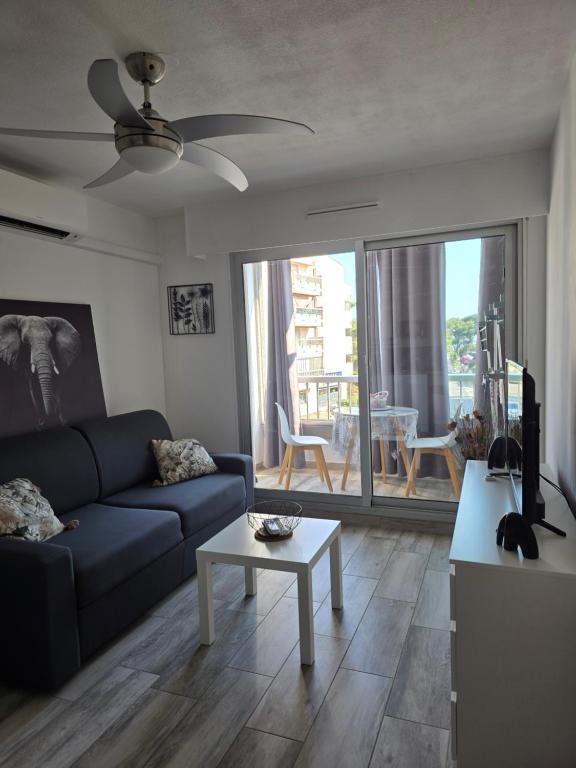 un salon avec un canapé et une table dans l'établissement Saint Mandrier Pin Rolland Studio Climatisé 2 pers parking plage pinède, tout à pied, à Saint-Mandrier-sur-Mer