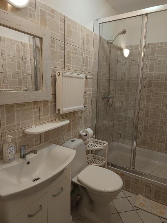 łazienka z toaletą, umywalką i prysznicem w obiekcie Bursztyn w Rewalu