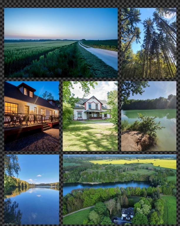 a collage of pictures of homes and water at Forsthaus Garz in Garz-Rügen