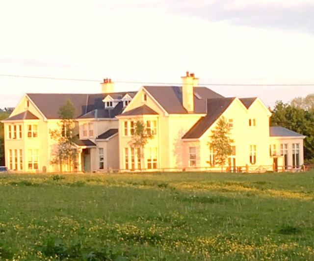 uma grande casa amarela num campo de relva em Rossmanagher House em Bunratty