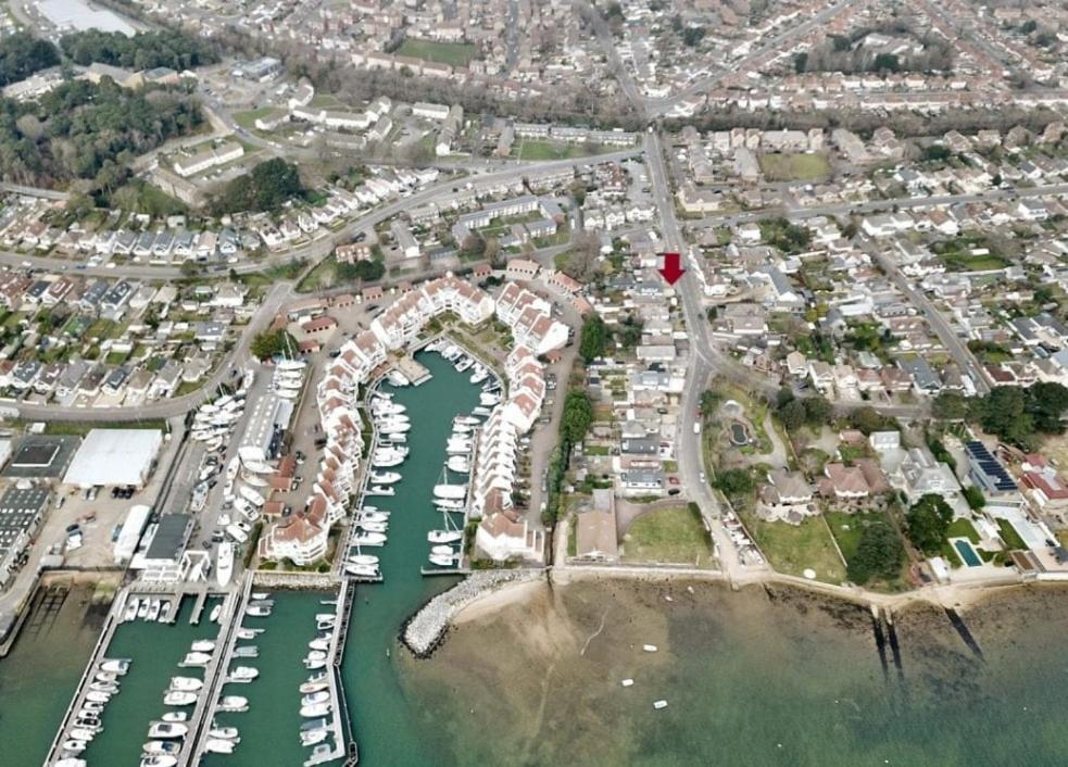 an aerial view of a marina with a bunch of boats at Sea Breeze in Poole