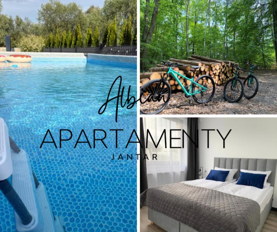 a collage of pictures with a swimming pool and two bikes at Albian Apartamenty in Jantar