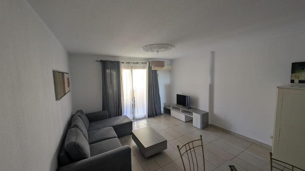 un salon avec un canapé et une télévision dans l'établissement Sympathique T2 Sierra Nevada 243, à Canet