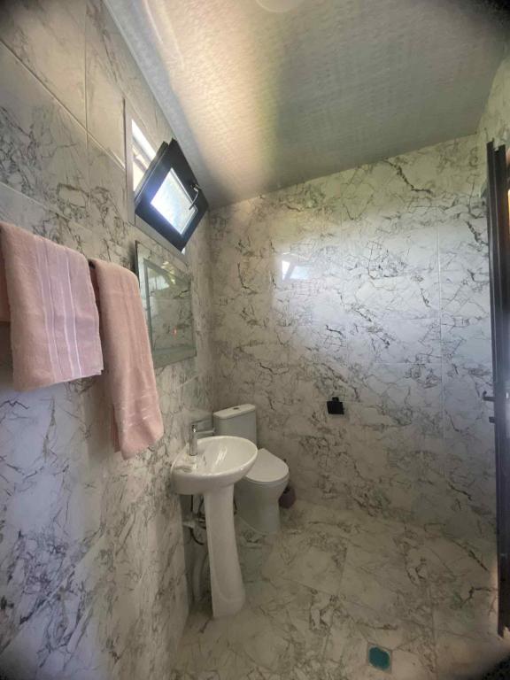 a bathroom with a sink and a toilet at Green house Cottage in Itʼkhvisi