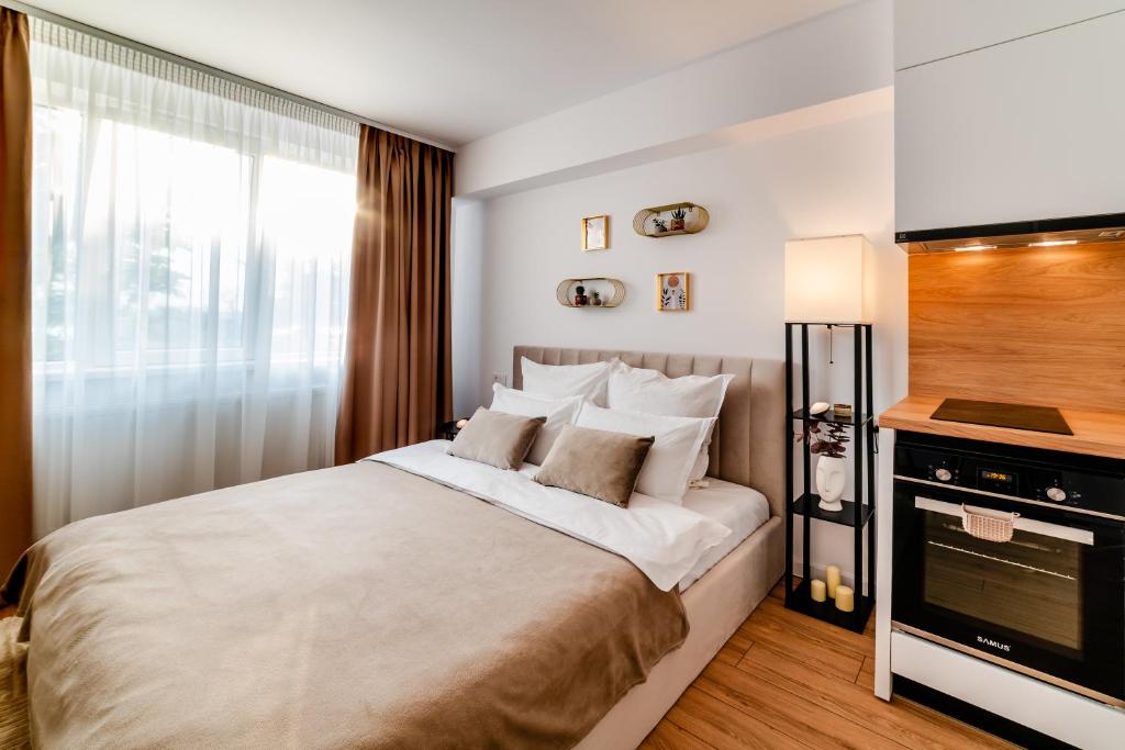 Η κουζίνα ή μικρή κουζίνα στο Lake Sunset Studio - aproape de plajă, nou, modern