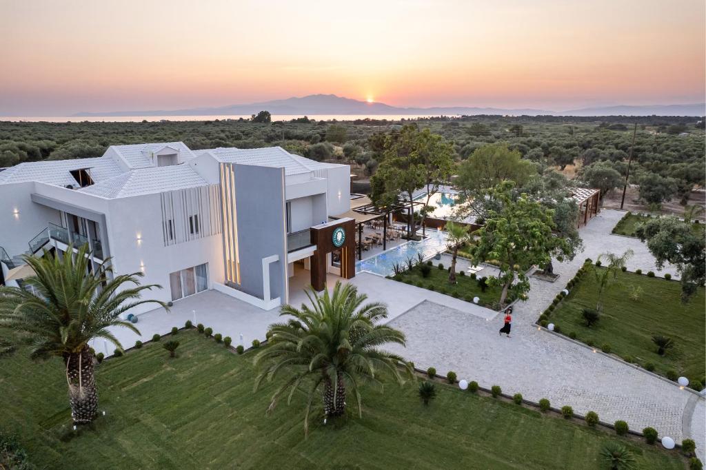 an aerial view of a white house with palm trees at The Mini Resort in Prinos