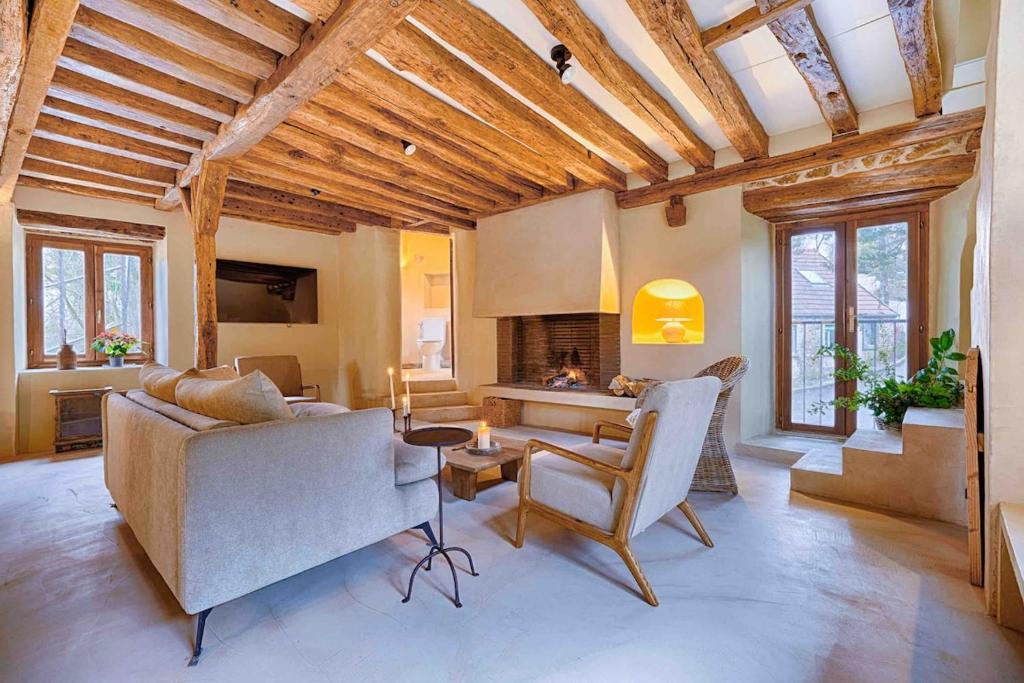 a living room with a couch and a fireplace at Le Moulin de Rochopt in Boussy-Saint-Antoine