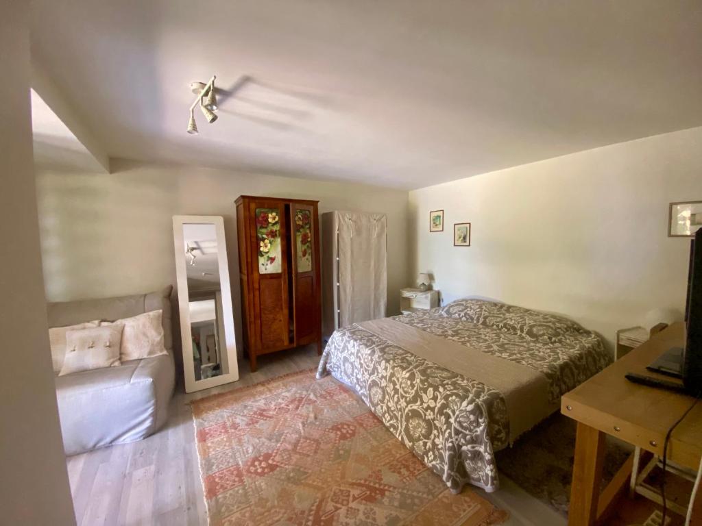 - une chambre avec un lit et un miroir dans l'établissement Charmant F1 avec terrasse et vue sur jardin arboré - fraicheur naturelle du rez de jardin - parking, à Bellerive-sur-Allier