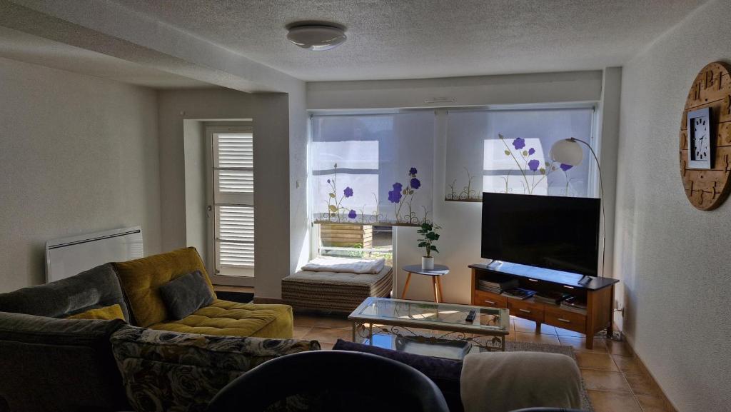 a living room with a couch and a tv at Appartement Melou rez de chaussée in Gérardmer