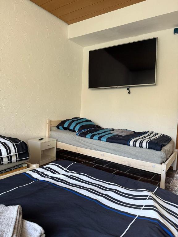 a bedroom with two beds and a flat screen tv at Monteur- und Ferienwohnung Ketsch in Ketsch