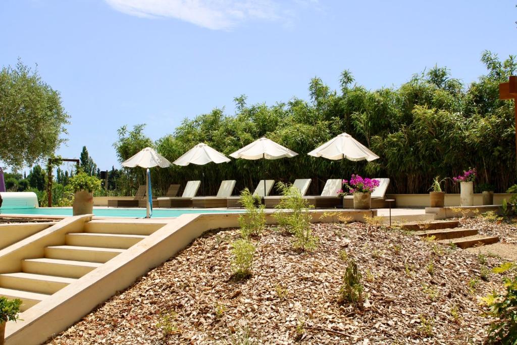 a pool with chairs and umbrellas in a yard at Mas de l'Hermitage in Moulès