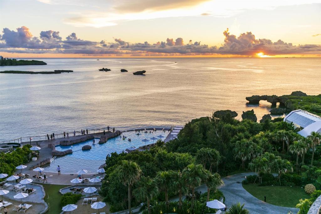an aerial view of the water at a resort at Hyatt Regency Seragaki Island Okinawa in Onna