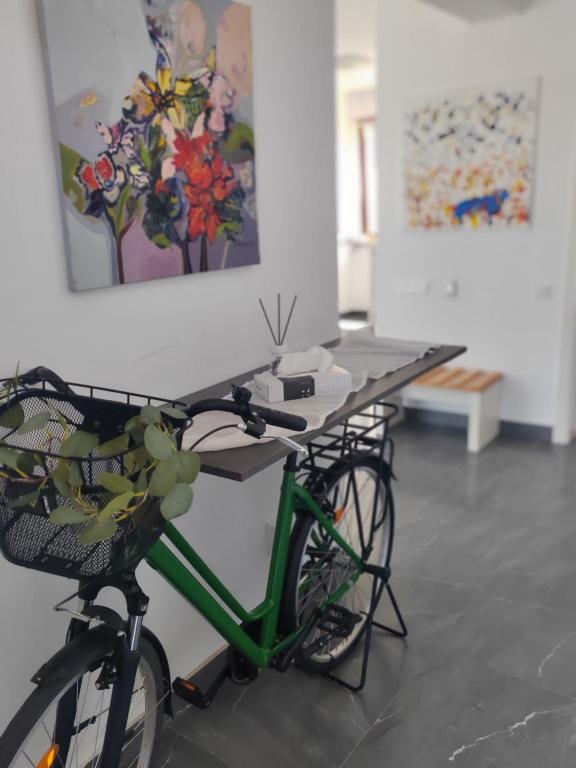a bike parked next to a table in a room at Vila Green by Plaiul GreenBike in Deva