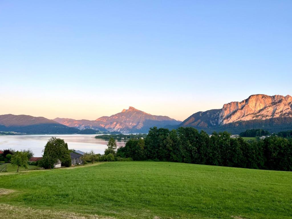 a green field with a view of a lake and mountains at Ferienhof Mitterbauer in Mondsee