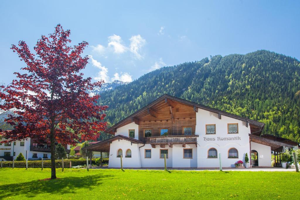 ペルティサウにあるRomantik Ferienwohnungenの山前の木の建物