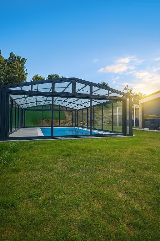 a glass house with a swimming pool in a yard at Villa Do Retiro in Dumbría