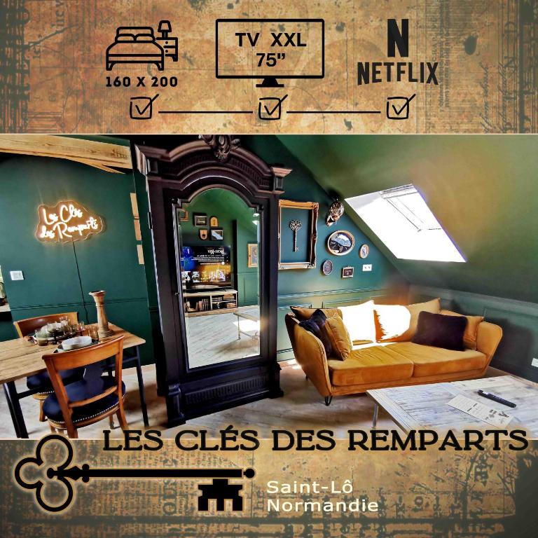une affiche d'une pièce avec un canapé et un miroir dans l'établissement LES CLES DES REMPARTS - Appartement privé à thème tout équipé - Atypique - Centre Saint-Lô - Gare - Haras - Parking public gratuit - Entrée autonome - Wifi - Netflix - TV XXL - Lit 160x200, à Saint Lo