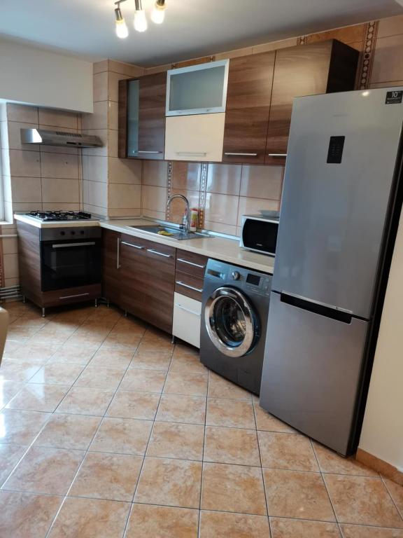 a kitchen with a refrigerator and a washing machine at House Teo in Văleni