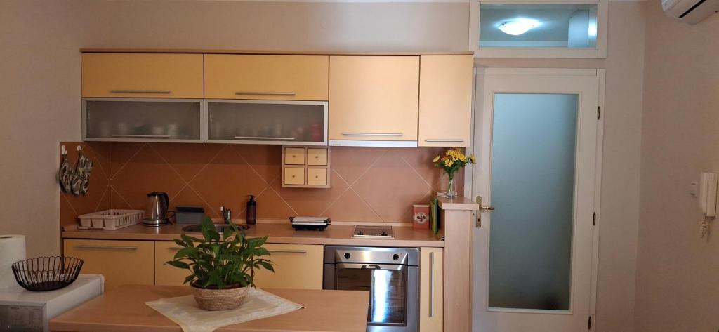Una cocina con gabinetes blancos y un refrigerador de acero inoxidable. en Felicia Apartments, en Budva