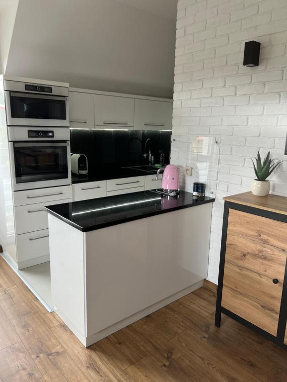 a white kitchen with a pink appliance on a counter at Apartamenty Bursztynowe in Dębki