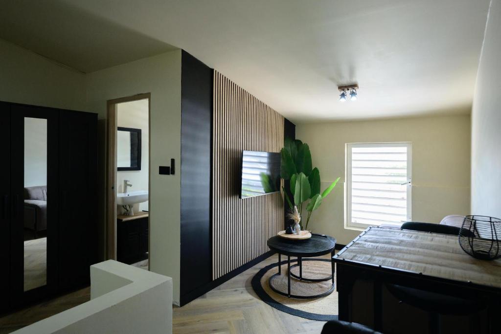 uma sala de estar com uma mesa e um espelho em Aki Banda Suites em Willemstad