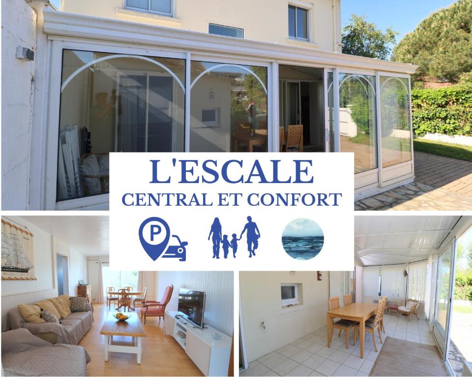 un collage de photos d'une véranda avec le jardin central et dans l'établissement L'Escale by Tranquil at Home, à Pornichet