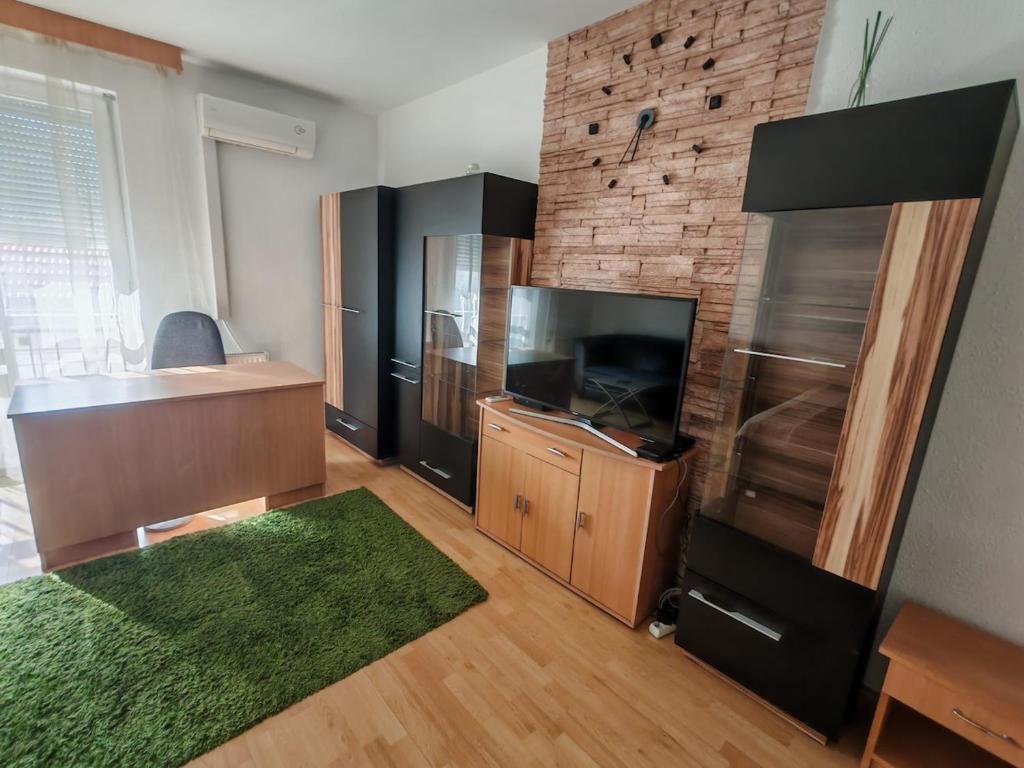 a living room with a tv and a green rug at Wesselényi Apartment in Kecskemét