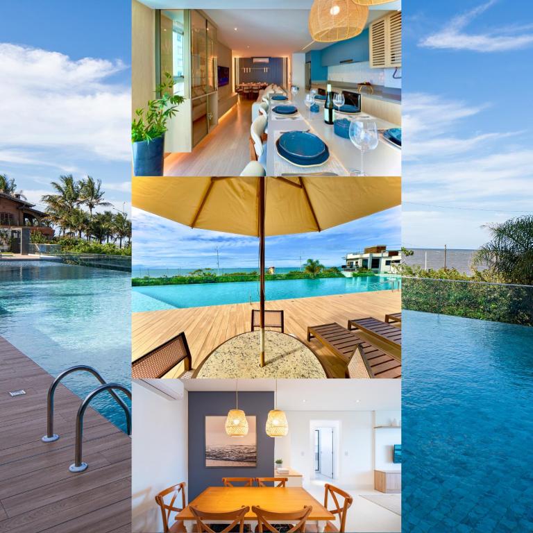 a collage of images of a house with a pool at Aptos Pé na Areia Vista Mar Condomínio Resort Completo com Piscina borda Infinita, Beach Tennis, Academia, Sala de Jogos, Brinquedoteca, Playground e Portaria 24H 3 Quartos com Ar-Condicionado, Churrasqueira Privativa Reserve Agora e Viva essa Experiência in Piçarras