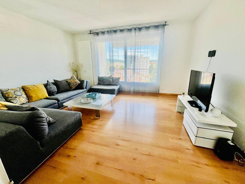 un salon avec un canapé et une télévision dans l'établissement T4 3chambres spacieux tout équipé 6 personnes, à Besançon