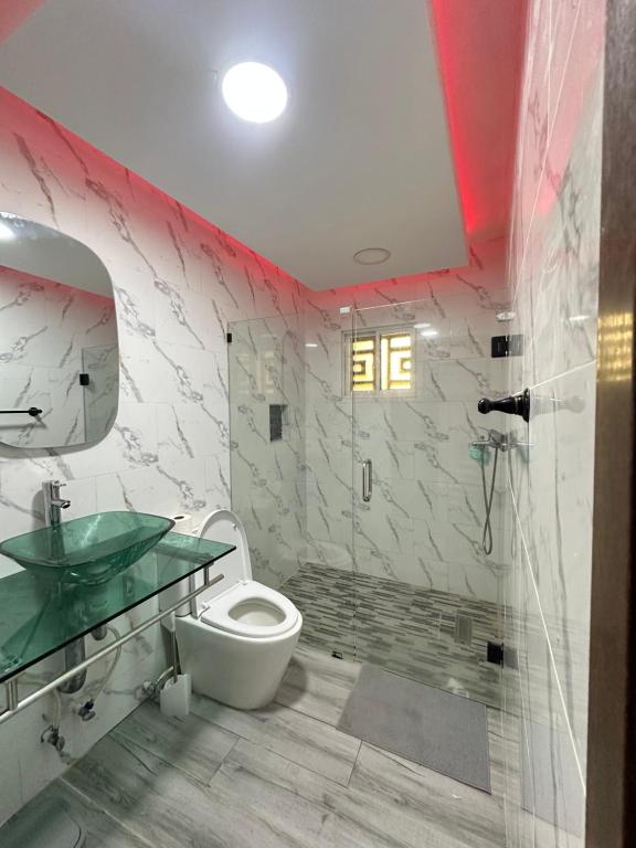 ein Badezimmer mit Toilette, Waschbecken und Dusche in der Unterkunft Apartamento Oasis in La Caleta