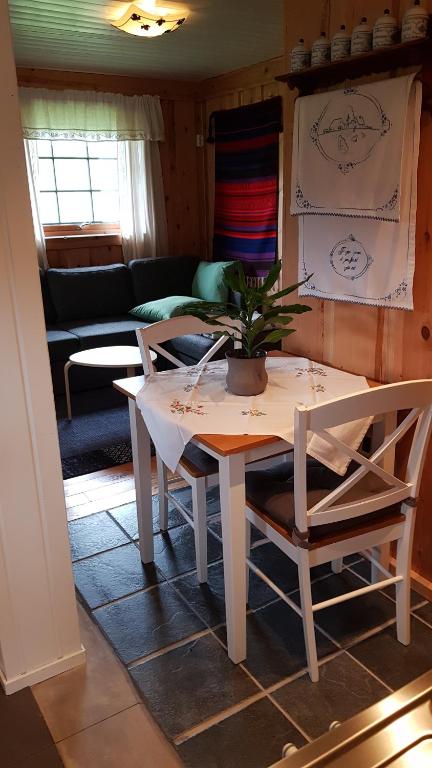 Una sala de estar con una mesa con una planta encima. en Torvløbakkan Gard, en Kvinesdal