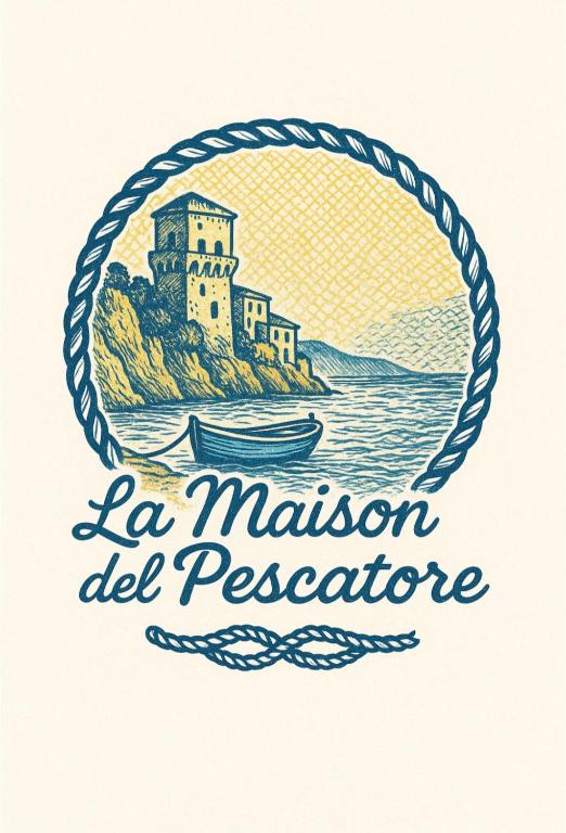 a drawing of a castle and a boat in a rope frame at La maison del pescatore in Cetara
