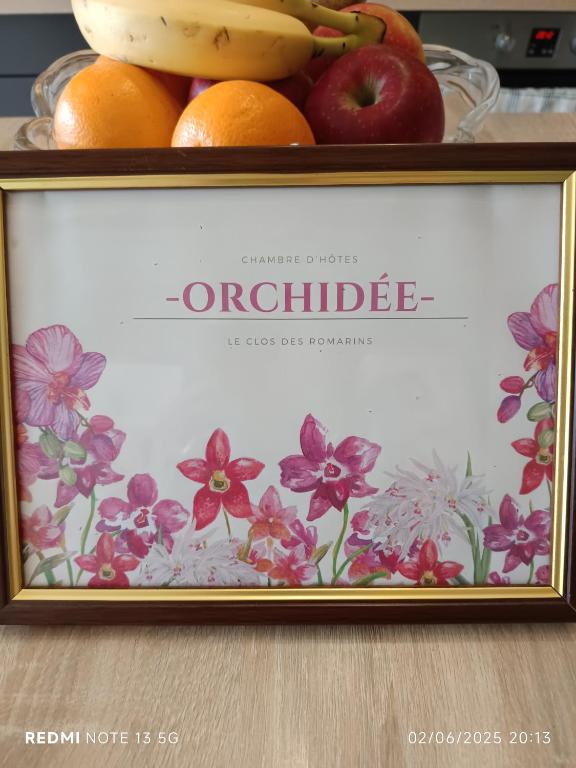 a picture of fruit in a frame on a table at Le clos des romarins chambre ORCHIDEE in Belmontet