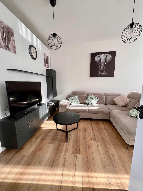 a living room with a couch and a fireplace at Bruxnord BnB in Brussels