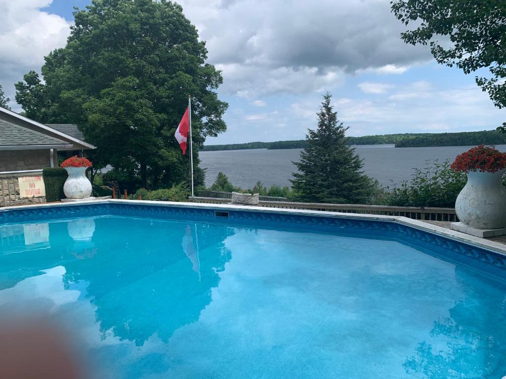 a large blue swimming pool with a view of a lake at Q Estate Pool cottage in Westport
