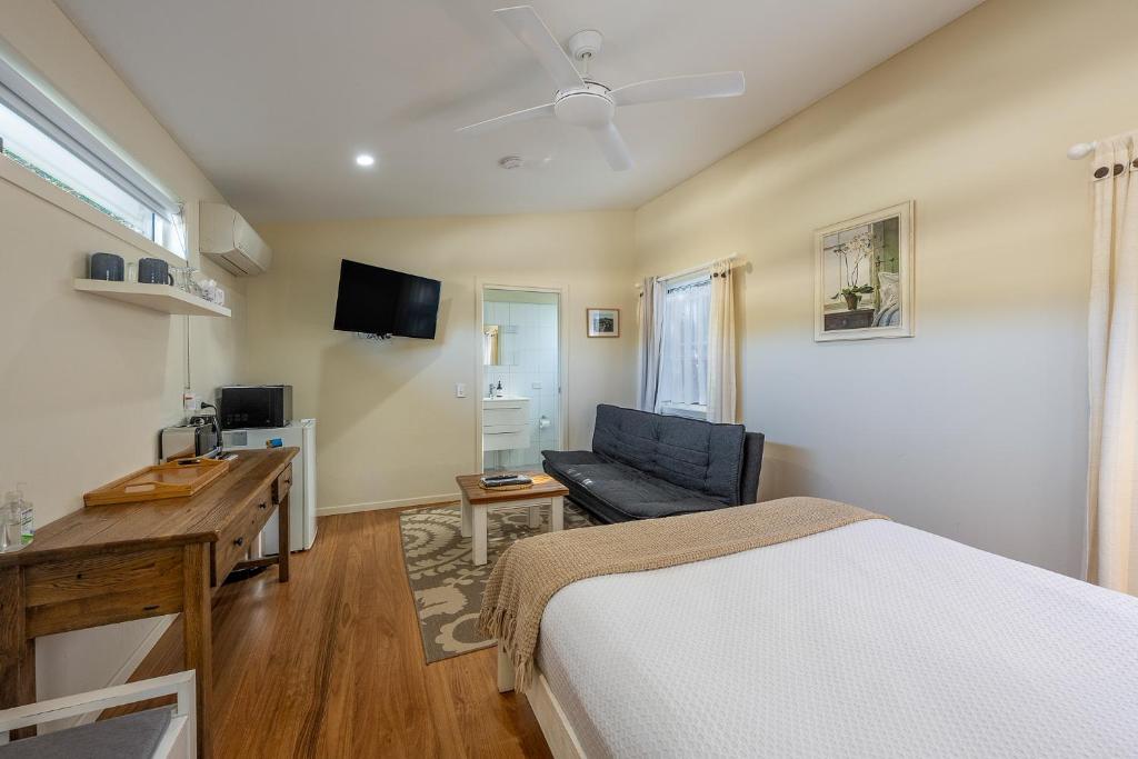 穆伦宾比Mullumbimby Studio的一间卧室，配有一张床、一张书桌和一台电视