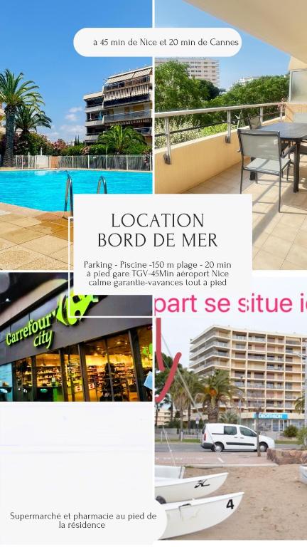 un collage de photos d'un bâtiment avec un panneau dans l'établissement Résidence La Miougrano Fréjus plage, à Fréjus