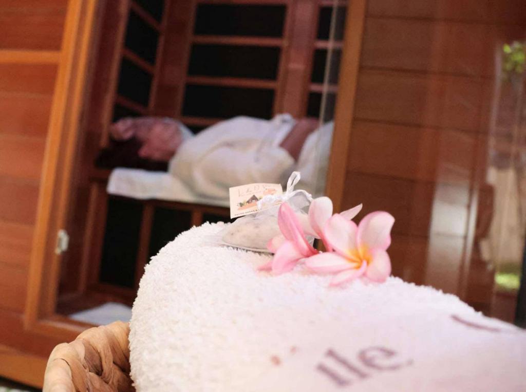 Postel nebo postele na pokoji v ubytování Charmant chalet avec jacuzzi, L'île Ô Vert
