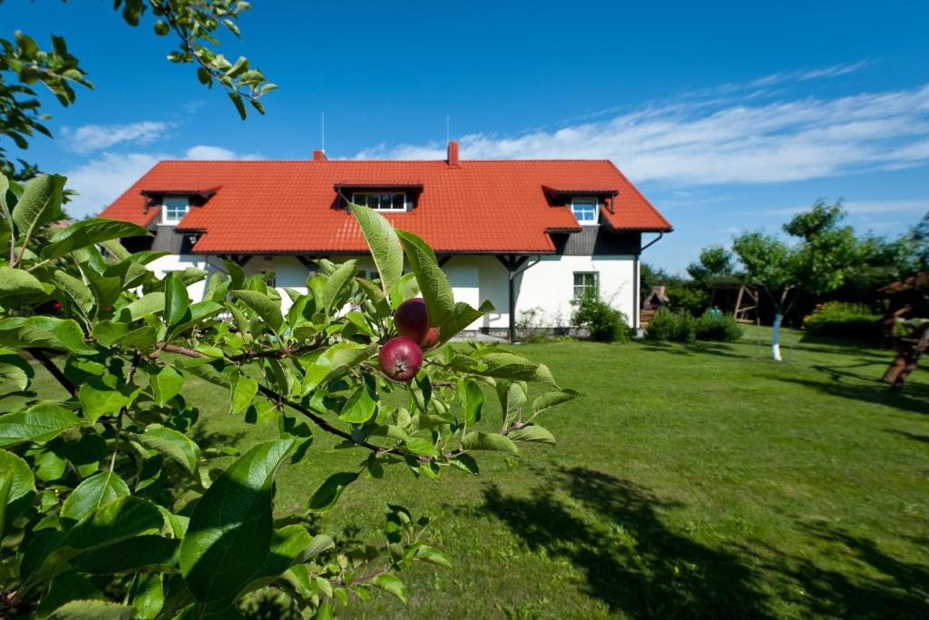 una casa con techo rojo y un árbol en Karklės Villa - Prie Jūros en Karklė