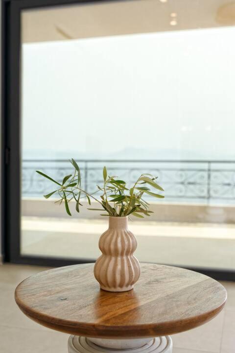 a vase sitting on a table with a plant in it at Premium Collection Villas in Vouliagmeni Lake