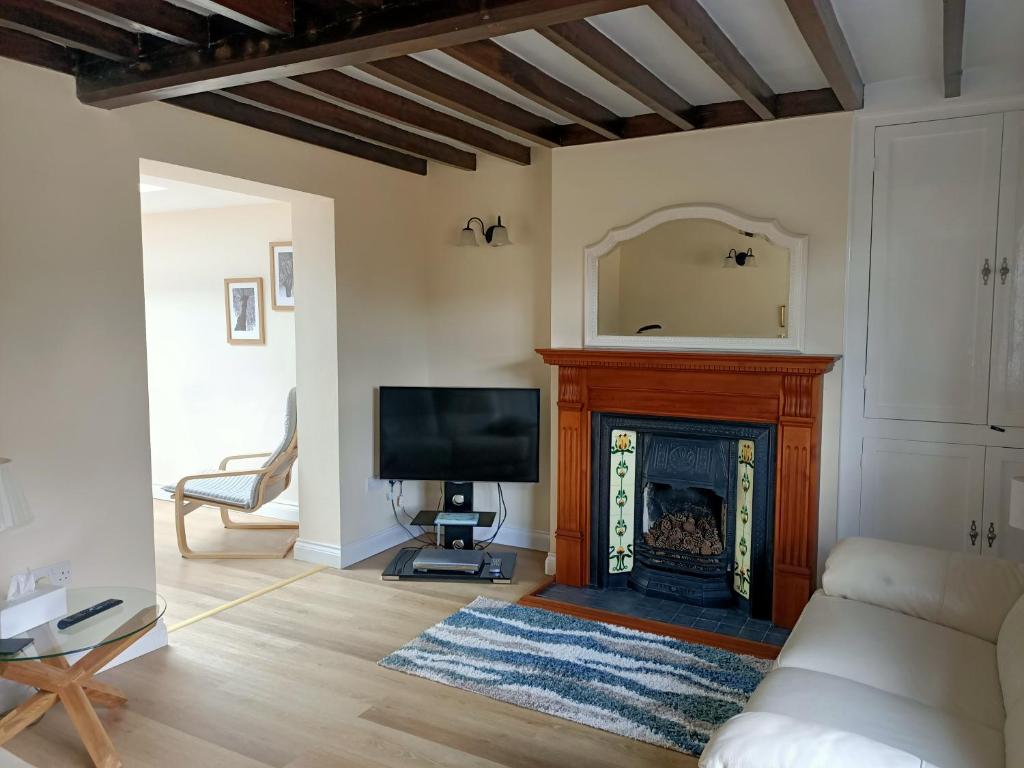 a living room with a fireplace and a tv at Flo's Cottage self-catering in Newark-on-Trent