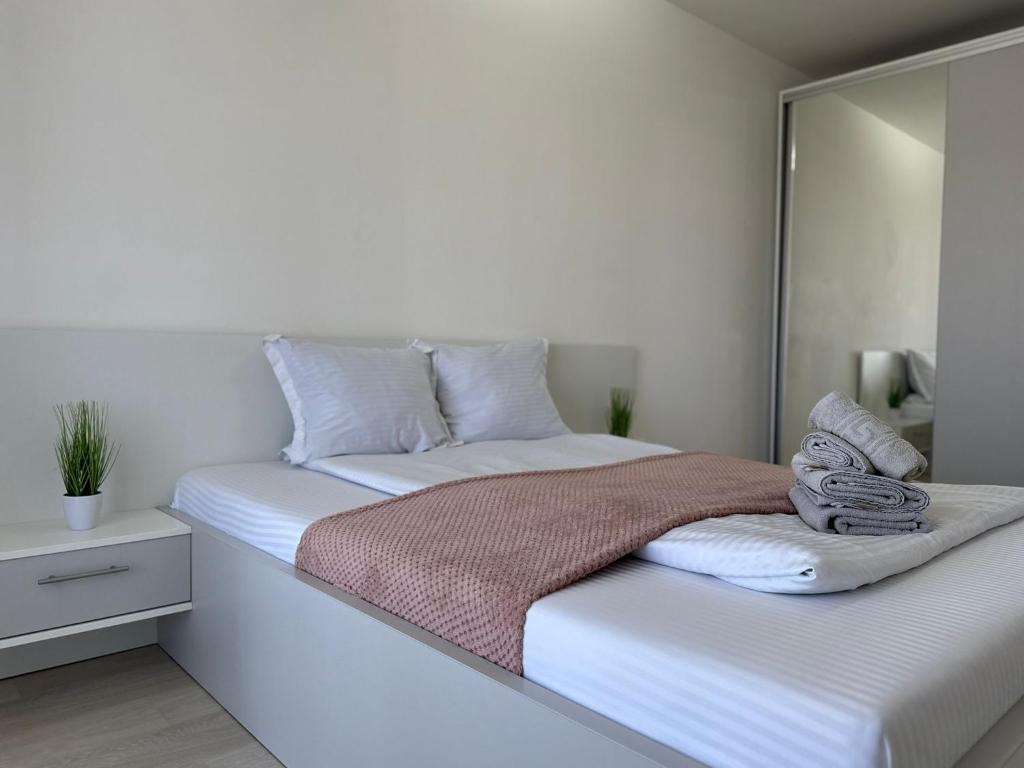 two beds in a white room with a mirror at Avantgarden Studio Brasov in Braşov