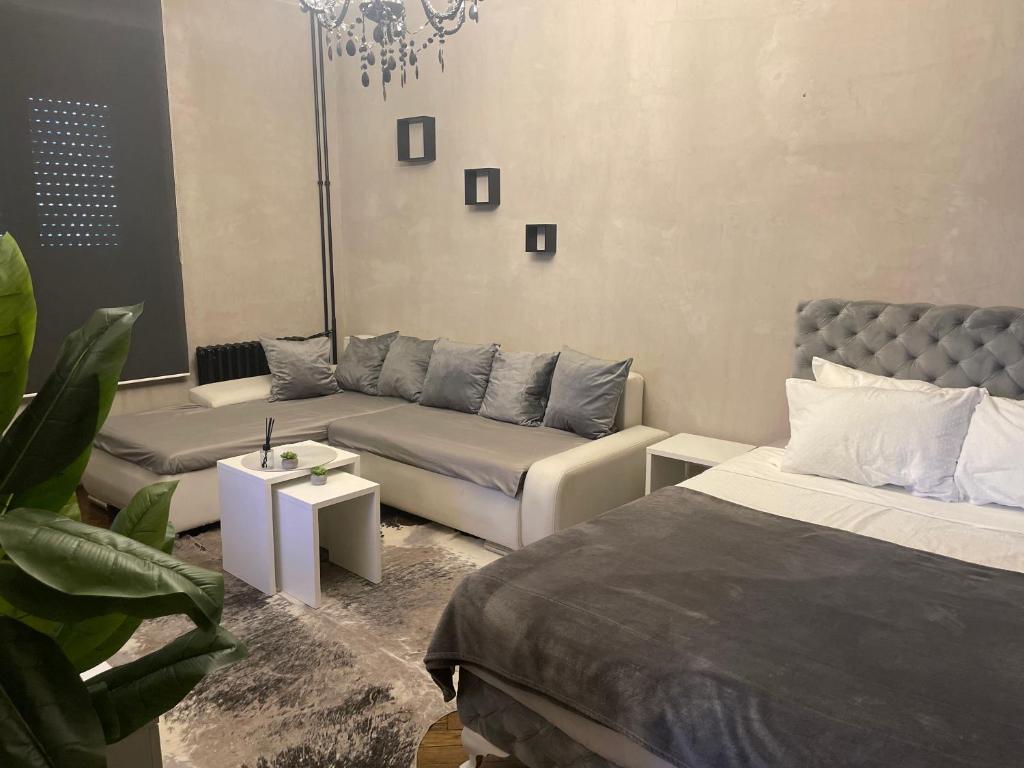 una sala de estar con una cama y un sofá en Okapi stays, en Belgrado