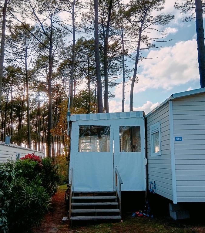 a blue tiny house with stairs leading up to it at MH 556 - Océan Landes in Saint-Julien-en-Born